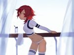  1girl against_railing bottle breasts contrapposto cowboy_shot gluteal_fold highres leaning_forward long_sleeves looking_at_viewer medium_breasts midriff navel original panties red_eyes redhead short_hair single_sidelock solo sparrow_(xici9527) sweat thigh-highs towel underwear water_bottle white_legwear white_panties 