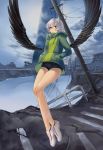  1girl black_shorts black_wings building closed_mouth clouds cloudy_sky floating green_coat hands_in_pockets highres hooded_coat light_frown long_sleeves masoo mechanical_wings original outdoors red_eyes ruins shoes short_shorts shorts silver_hair sky solo utility_pole white_footwear wings 