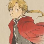  1boy alphonse_elric black_shirt blonde_hair coat conqueror_of_shambala eyebrows_visible_through_hair floating_hair fullmetal_alchemist grey_background happy long_hair looking_away male_focus ponytail red_coat shirt simple_background smile tame upper_body yellow_eyes 