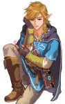  1boy absurdres bangs belt blonde_hair blue_eyes boots cape earrings gloves highres jewelry link long_hair male_focus pointy_ears sheikah_slate shiren_(ourboy83) solo the_legend_of_zelda the_legend_of_zelda:_breath_of_the_wild 