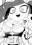  1girl aiba_manami blush boku_no_hero_academia bow bowtie bra breasts bursting_breasts buttons eyelashes gloves greyscale heart highres la_brava large_breasts makeup mascara monochrome o_den open_mouth smile surprised sweatdrop teeth twintails underwear upper_body upper_teeth wide-eyed 