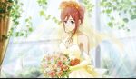  1girl blue_eyes bouquet breasts dress flower gown hair_flower hair_ornament highres jewelry kaname_buccaneer macross macross_delta medium_breasts official_art redhead ring sparkle uta_macross_sumaho_deculture wedding_dress yellow_wedding_dress 