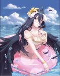  1girl ahoge albedo alfredwong bangs bare_shoulders bikini black_hair black_wings blush bracelet breasts cleavage clouds collarbone commentary demon_girl demon_horns demon_wings falling_feathers feathered_wings feathers floatation_devices flower hair_between_eyes hair_flower hair_ornament hand_on_own_chest horns in_water jewelry large_breasts long_hair looking_at_viewer low_wings navel necklace ocean open_mouth outdoors overlord_(maruyama) partially_submerged sky slit_pupils swimsuit water water_drop waves white_bikini wings yellow_eyes 