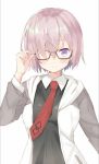  1girl black_shirt collared_shirt fate/grand_order fate_(series) glasses grey_coat hair_over_one_eye lavender_hair long_sleeves looking_at_viewer mash_kyrielight necktie red_neckwear shirt simple_background smile solo tsubaki_(tatajd) violet_eyes white_background white_coat 