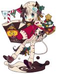  1girl absurdres animal_ears banner bell blue_eyes boots brown_hair christmas christmas_tree cow_bell cow_ears cow_girl cow_horns dress drinking_straw full_body fur_trim hair_ornament hairclip hat highres horns methyl_key mittens multicolored_hair official_art open_mouth short_hair sleigh smile solo thigh-highs transparent_background two-tone_hair ushikko_yukico-tan white_hair white_legwear white_skin yukico-tan yukijirushi 