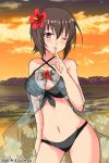  1girl bangs beach bikini black_bikini bow breasts brown_eyes brown_hair chikomayo cleavage clouds cloudy_sky commentary_request contrapposto cover_up cowboy_shot finger_to_mouth flower front-tie_bikini front-tie_top girls_und_panzer grey_bow hair_flower hair_ornament looking_at_viewer medium_breasts navel nishizumi_maho one_eye_closed outdoors parted_lips see-through short_hair shushing sky smile solo standing swimsuit twilight twitter_username 