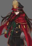  1girl belt black_hair black_hat cape double-breasted family_crest fate/grand_order fate_(series) gloves grey_background hand_on_sheath hat holding holding_sword holding_weapon katana long_hair looking_at_viewer military military_hat military_uniform oda_nobunaga_(fate) oda_uri pants peaked_cap purutoppu_(toranohige) red_cape red_eyes simple_background smile solo sword uniform weapon 