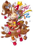  1girl absurdres bangs boots brown_eyes brown_hair candy candy_cane coffee coffee_beans confetti food full_body hair_ornament hat heart highres liquid liquid_clothes long_hair mascot milcrown_yukico-tan mismatched_legwear multicolored_hair official_art one_eye_closed ornament party_hat party_popper ponytail red_footwear side_ponytail smile snowflake_hair_ornament snowflakes solo symbol-shaped_pupils transparent_background two-tone_hair umiheki white_hair yukico-tan yukijirushi 