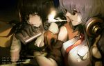  2girls armband bandage bandaged_arm bangs black_hair blonde_hair braid breasts brown_eyes cigarette cleavage drinking elbow_rest eyepatch flask girls_frontline glasses gloves headphones highres holding holding_cigarette holding_flask large_breasts long_hair looking_at_another m16a1_(girls_frontline) mole mole_under_eye multicolored_hair multiple_girls necktie parted_lips red_eyes reroi scar shirt short_hair silver_hair smile smoking streaked_hair sunglasses thompson_submachine_gun_(girls_frontline) torn_clothes 