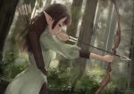  1girl 2018 absurdres arrow bangs black_pants bless_online blue_eyes blunt_bangs bow_(weapon) brown_hair dated day dress elf forest from_side green_dress highres holding holding_arrow holding_bow_(weapon) holding_weapon long_hair nature outdoors pants pointy_ears signature solo sunako_(veera) tree weapon 