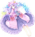  1girl bangs barefoot blush book bow closed_mouth commentary crescent dress hair_bow hat highres holding holding_book long_hair long_sleeves looking_at_viewer lying mob_cap on_back patchouli_knowledge pillow pink_capelet pink_dress pink_hat purple_bow purple_dress purple_hair red_bow sleeves_past_wrists solo star star_pillow symbol_commentary touhou tsukiyo_(skymint) very_long_hair violet_eyes white_background 