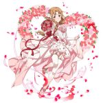  1girl asuna_(sao) blush bouquet braid brown_eyes brown_hair detached_sleeves dress flower full_body garter_straps hair_flower hair_ornament holding holding_bouquet long_hair looking_at_viewer one_leg_raised petals pink_dress pink_flower pink_footwear pink_rose pumps red_flower red_rose rose side_braid simple_background single_braid skirt_hold sleeveless sleeveless_dress smile solo sword_art_online thigh-highs white_background white_legwear 