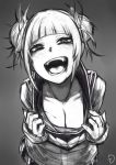  1girl :d bangs blunt_bangs blush boku_no_hero_academia breasts cleavage collarbone double_bun downblouse eyebrows_visible_through_hair fangs greyscale half-closed_eyes highres kidy_(kidy_siow) large_breasts leaning_forward long_sleeves looking_at_viewer monochrome open_mouth scarf school_uniform serafuku short_twintails smile teeth toga_himiko twintails yandere_trance 