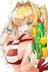  1girl ahoge bare_arms bare_shoulders bikini blonde_hair blush bracelet breasts cleavage eyebrows_visible_through_hair fate/grand_order fate_(series) green_eyes hair_intakes holding_water_gun jewelry large_breasts long_hair nero_claudius_(fate)_(all) nero_claudius_(swimsuit_caster)_(fate) one_eye_closed open_mouth ponytail red_bikini red_ribbon ribbon sideboob signature smile solo striped striped_swimsuit swimsuit twintails utayoi_(umakatare) water_gun white_background white_bikini 