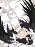  1girl albedo black_hair black_wings breasts demon_girl demon_horns demon_wings dndeh317 dress elbow_gloves feathered_wings feathers feet gloves hair_between_eyes highres horns large_breasts long_hair lying open_mouth overlord_(maruyama) thigh-highs thighs wings yellow_eyes 