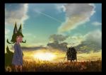  1girl animal_ears black_border blonde_hair blue_sky border closed_mouth clouds cloudy_sky commentary_request condensation_trail doitsuken dress field flower fox_child_(doitsuken) fox_ears fox_tail grass highres long_sleeves looking_at_viewer original outdoors revision short_hair sky smile solo standing sunset tail thick_eyebrows white_dress windmill windowboxed yellow_eyes 