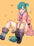  1girl absurdres arms_between_legs bag blue_eyes blush bulma commentary dragon_ball dragon_ball_(object) green_hair handbag highres looking_at_viewer orange_background purple_scarf scarf short_sleeves side_ponytail solo trung_doan twitter_username 