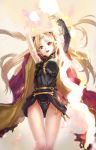  1girl :d absurdres arm_up armpits asymmetrical_sleeves black_leotard blonde_hair cape detached_sleeves earrings ereshkigal_(fate/grand_order) eyebrows_visible_through_hair fate/grand_order fate_(series) floating_hair from_below groin hair_ribbon head_tilt highres jewelry leotard long_hair open_mouth red_eyes red_ribbon ribbon smile solo standing tuchinokoeffect very_long_hair 