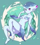  1girl bare_shoulders barefoot blue blue_background blue_skin blush breasts closed_mouth collarbone fish_girl full_body hand_up highres looking_at_viewer monster_girl nazonazo_(nazonazot) pointy_ears princess_ruto simple_background small_breasts solo the_legend_of_zelda the_legend_of_zelda:_ocarina_of_time v-shaped_eyes violet_eyes zora 
