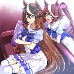  2girls animal_ears blue_eyes brown_hair collarbone couch crossed_arms hair_ribbon horse_ears horse_tail long_hair multicolored_hair multiple_girls nakahira_guy open_mouth ponytail ribbon school_uniform sitting skirt smile symboli_rudolf_(umamusume) tail thigh-highs tokai_teio two-tone_hair umamusume 