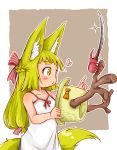  1girl :3 absurdres animal_ears antlers bare_arms bare_shoulders beetle blade blonde_hair bow braid bug commentary doitsuken dress fox_child_(doitsuken) fox_ears fox_tail french_braid grey_background heart highres insect long_hair low-tied_long_hair orange_bow original revision rhinoceros_beetle rhinoceros_ears simple_background solo sparkle tail white_dress yellow_eyes 