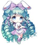  1girl :o animal animal_ears animal_hug apron bangs blue_eyes blush bow chibi drill_hair eyebrows_visible_through_hair frilled_apron frilled_bow frills full_body green_bow green_footwear green_hair hair_bow heart long_hair mechuragi original parted_lips pleated_skirt puffy_short_sleeves puffy_sleeves purple_bow purple_legwear purple_skirt rabbit rabbit_ears ribbed_legwear shirt short_sleeves simple_background skirt solo very_long_hair waist_apron white_apron white_background white_shirt wrist_cuffs 