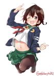  1girl black_jacket black_legwear blush brown_hair crescent crescent_moon_pin ebifurya eyebrows_visible_through_hair full_body gradient_hair green_sailor_collar green_skirt highres jacket kantai_collection looking_at_viewer multicolored_hair mutsuki_(kantai_collection) navel neckerchief one_eye_closed open_mouth pantyhose pleated_skirt red_neckwear redhead remodel_(kantai_collection) sailor_collar school_uniform serafuku short_hair simple_background skirt solo teeth twitter_username white_background 