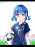  2018_fifa_world_cup ball blue_hair highres japanese_flag looking_at_viewer smile soccer_ball soccer_uniform sportswear twintails world_cup yellow_eyes 