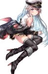  1girl azur_lane bangs bare_shoulders black_footwear black_legwear black_neckwear black_skirt blush boots breasts denchu_(kazudentyu) enterprise_(azur_lane) eyebrows_visible_through_hair hat high_heel_boots high_heels highres knee_boots large_breasts long_hair looking_at_viewer miniskirt necktie off_shoulder peaked_cap pleated_skirt shirt sidelocks silver_hair simple_background skirt sleeveless sleeveless_shirt smile solo thigh-highs thighs very_long_hair violet_eyes white_background 