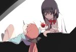  2girls akemi_homura apple bite_mark black_bow black_hair black_hairband bow food fruit hair_bow hairband holding holding_fruit leaning_back long_hair long_sleeves looking_at_another mahou_shoujo_madoka_magica mouth_hold multiple_girls pocky ponytail red_eyes redhead sakura_kyouko samidare shadow violet_eyes 