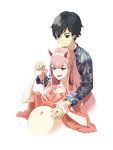  1boy 1girl absurdres bangs black_hair blue_eyes breasts cleavage commentary couple darling_in_the_franxx fang fringe fur_trim green_eyes hair_ornament hairband hand_holding hand_on_another&#039;s_stomach hawaiian_shirt hetero highres hiro_(darling_in_the_franxx) horns hug long_hair long_sleeves navel oni_horns pink_hair pregnant red_horns shirt short_hair user_wssc4878 white_hairband zero_two_(darling_in_the_franxx) 