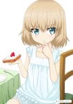  1girl bangs blonde_hair blue_eyes casual chair commentary dress eyebrows_visible_through_hair finger_to_mouth food fork frilled_dress frills fruit girls_und_panzer holding holding_food katyusha looking_at_viewer plate shibagami short_dress short_hair simple_background sitting sleeveless sleeveless_dress solo strawberry table tablecloth toast twitter_username whipped_cream white_background white_dress wooden_chair 