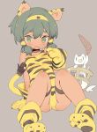  1girl animal animal_ears animal_print arm_support arm_up bangs bare_shoulders black_choker blade_(galaxist) blush boomerang breasts brown_background cat cham_cham cham_cham_(cosplay) choker collarbone commentary_request cosplay dark_skin eyebrows_visible_through_hair gloves green_eyes green_hair hair_between_eyes hannah_blaze holding leaning_back long_hair looking_at_viewer open_mouth paw_gloves paw_shoes paws pop-up_story samurai_spirits shoe_soles shoes simple_background small_breasts solo tail tiger_ears tiger_girl tiger_print tiger_tail wavy_mouth yellow_hairband |_| 