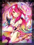  1girl angel_wings arm_support blush book breasts commentary_request crop_top drooling feathered_wings gloves gradient_eyes gradient_hair halo holding holding_book jibril_(no_game_no_life) kimikimi large_breasts long_hair low_wings magic_circle midriff mismatched_legwear multicolored multicolored_eyes multicolored_hair no_game_no_life one_eye_closed open_mouth orange_eyes pink_hair shoes sideboob single_shoe sitting solo tattoo very_long_hair wariza white_wings wing_ears wings yellow_eyes 