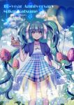  1girl aqua_eyes aqua_hair balloon blue_bow bow cake character_name dress english food fruit hair_ribbon hatsune_miku holding holding_cake holding_plate long_hair looking_at_viewer matsumoto_(sawa) pink_ribbon plaid plaid_dress plate ribbon short_sleeves smile solo strawberry twintails vocaloid 