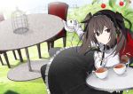  1girl birdcage black_bow black_dress black_hairband black_legwear bow brown_eyes brown_hair cage chair cup dog_tail dress gloves hairband holding_teapot long_hair on_chair original sitting solo table tail tea teacup teapot twintails vane white_gloves 