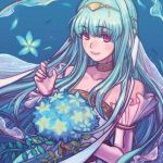  1girl artist_request blue_hair bouquet bridal_veil bride dress fire_emblem fire_emblem:_rekka_no_ken fire_emblem_heroes flower gloves long_hair mamkute ninian red_eyes smile veil wedding wedding_dress white_dress 