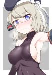  1girl azur_lane beret blue_eyes blush bodysuit breasts detached_sleeves dyne_gallon erect_nipples glasses grey_hair hat highres looking_at_viewer medium_breasts rectangular_eyewear short_hair sideboob solo sweatdrop wavy_mouth white_border z23_(azur_lane) 