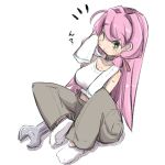  1girl akashi_(kantai_collection) bangs bare_shoulders blush breasts brown_pants closed_mouth collarbone eyebrows_visible_through_hair green_eyes hair_between_eyes hair_intakes highres kantai_collection large_breasts long_hair looking_at_viewer no_shoes pants pink_hair simple_background sitting smile socks solo sweat tank_top towel towel_around_neck translated u-non_(annon&#039;an) very_long_hair white_background white_legwear white_tank_top wiping_sweat wrench 