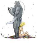  1boy alphonse_elric androgynous apron armor back-to-back blonde_hair covering expressionless full_armor full_body fullmetal_alchemist gloves hair_over_face long_hair looking_back looking_down male_focus multicolored nude nude_cover ribs simple_background sitting skinny white_background 
