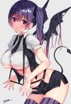  1girl artist_name bat_wings blush breasts demon_tail hair_ribbon large_breasts long_hair looking_at_viewer matarou_(genkai_toppa) midriff navel necktie open_clothes open_vest original parted_lips pencil_skirt puffy_short_sleeves puffy_sleeves purple_hair purple_legwear ribbon short_sleeves side_ponytail simple_background skirt solo striped striped_legwear suspenders_pull tail thigh-highs under_boob vest violet_eyes wings 