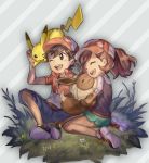  1boy 1girl :d baseball_cap blush_stickers closed_eyes commentary_request diagonal-striped_background diagonal_stripes eevee emoillu female_protagonist_(pokemon_lgpe) full_body gen_1_pokemon grass happy hat holding holding_pokemon male_protagonist_(pokemon_lgpe) one_eye_closed open_mouth pikachu pokemon pokemon_(creature) pokemon_(game) pokemon_lgpe pokemon_on_head shoes sitting smile striped striped_background 