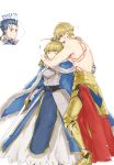  1girl 2boys 88_(einnimnech) absurdres ahoge arabian_clothes artoria_pendragon_(all) bangs blonde_hair blue_hair breasts commentary_request crown earrings eyebrows_visible_through_hair fate/grand_order fate/stay_night fate_(series) full_body gilgamesh gilgamesh_(caster)_(fate) gothic_lolita green_eyes highres jewelry lolita_fashion long_hair multiple_boys nero_claudius_(fate)_(all) open_mouth red_eyes saber_alter short_hair white_background 