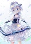  1girl apron azur_lane bangs belchan_(azur_lane) belfast_(azur_lane) bird blue_eyes blurry blush braid chestnut_mouth chick choker depth_of_field dress elbow_gloves eyebrows_visible_through_hair feet_out_of_frame flat_chest frilled_dress frills gloves hair_ribbon highres looking_at_viewer maid maid_headdress one_side_up ribbon ribbon_choker shiiba_nae short_hair silver_hair skirt_hold sleeveless sleeveless_dress solo standing water_drop 