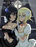  2girls andou_(girls_und_panzer) black_dress black_gloves black_hair blonde_hair blue_eyes bow braid breasts brown_eyes chikomayo choker cleavage closed_mouth commentary_request couple cover cover_page crown_braid cursive curtains dark_skin doujin_cover dress flower french full_moon girls_und_panzer gloves hair_bow hair_flower hair_ornament hair_up half-closed_eyes hands_together happy happy_tears interlocked_fingers jewelry long_dress looking_at_another medium_breasts moon multiple_girls necklace night night_sky off-shoulder_dress off_shoulder open_mouth oshida_(girls_und_panzer) pendant puffy_short_sleeves puffy_sleeves rating short_hair short_ponytail short_sleeves sky smile standing star_(sky) starry_sky tearing_up tears upper_body white_bow white_dress white_gloves window yuri 
