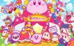  2girls 5boys arm_up bandana_waddle_dee bandanna bangs blue_cape blue_eyes blue_sky blunt_bangs blush_stickers bob_cut bow bowtie cape car clouds commentary_request confetti fangs flying galaxia_(sword) ground_vehicle hat horns jester_cap jumping king_dedede kirby kirby_(series) looking_at_viewer magolor marx mask meta_knight microphone motor_vehicle multiple_boys multiple_girls no_mouth official_art polearm recording red_neckwear red_robe robe sky spear star susie_(kirby) taranza tent throwing translated waddle_dee weapon white_hair wings 