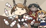  3girls animalization banana_peel bear black_hair brown_eyes brown_hair closed_eyes commentary_request dated gloves hamu_koutarou headgear highres indoors kantai_collection light_brown_hair mikuma_(kantai_collection) multiple_girls mutsu_(kantai_collection) neckerchief oboro_(kantai_collection) pleated_skirt school_uniform serafuku shaded_face short_hair skirt sweat tripping twintails white_gloves 