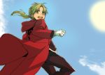  1boy :d alphonse_elric arata_(danbooru_seikatsu) black_pants black_shirt blonde_hair clenched_hand clouds cloudy_sky coat conqueror_of_shambala cowboy_shot day eyebrows_visible_through_hair flamel_symbol floating_hair fullmetal_alchemist gloves happy hood long_hair looking_at_viewer looking_back male_focus open_mouth outdoors pants ponytail red_coat shaded_face shirt sky smile sun upper_body yellow_eyes 