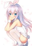  1girl animal_ears bangs bare_shoulders blue_eyes blue_hair blush commentary_request covered_mouth eyebrows_visible_through_hair fake_animal_ears gochuumon_wa_usagi_desu_ka? hair_between_eyes hair_ornament hairband hands_up kafuu_chino leotard long_hair looking_at_viewer pink_footwear rabbit_ears shibainu_niki shoes simple_background solo sparkle spoken_object squatting strapless strapless_leotard thigh-highs very_long_hair white_background white_hairband white_legwear white_leotard wrist_cuffs x_hair_ornament 