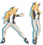  1girl anunnaki blonde_hair closed_eyes contemporary contrapposto full_body graphite_(medium) greek_mythology high_heels highres horns jacket long_hair mechanical_pencil original pants pencil pose red_eyes standing tachi-e traditional_media white_background 